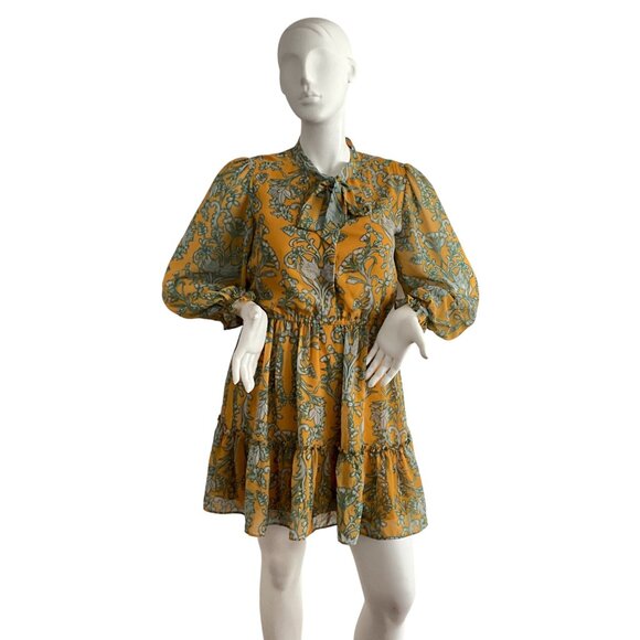 Hermoza Tiered Lee Collar Neck Long Bishop Sleeve Mini Dress In Saffron M - Picture 1 of 10